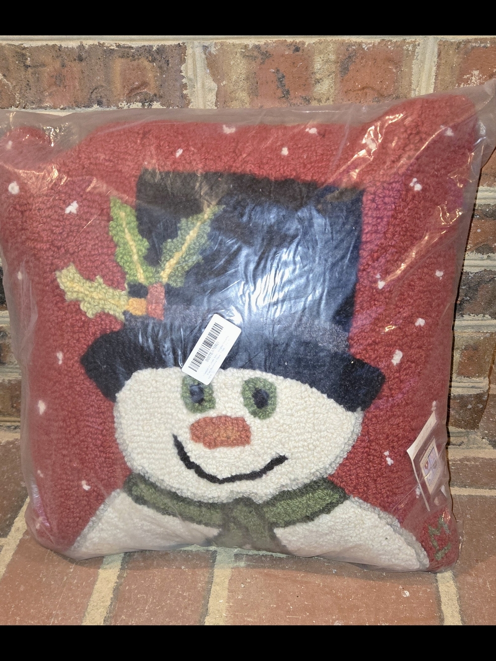Garnet Hill Chandler 4 Corners Red Snowman Hooked Holiday Pillow